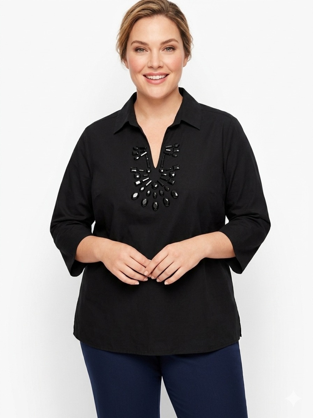 Talbots Black Linen Cotton Beaded Split-Neck Tunic Top 1X